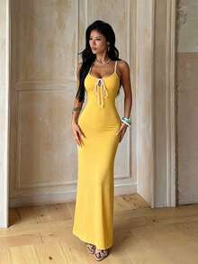 1pc Solid Color Elegant Knit Fabric Sleeveless Dress Beach Summer - Yellow - View 1