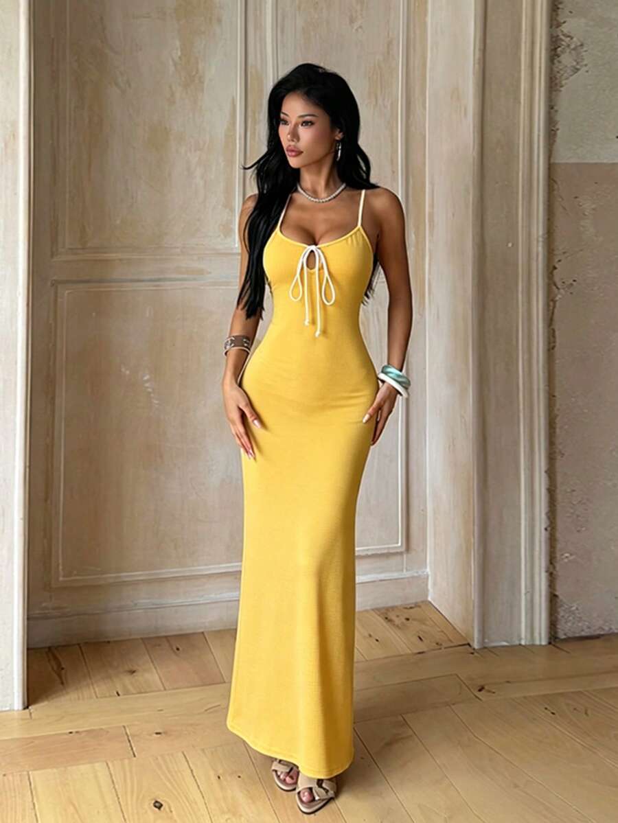 1pc Solid Color Elegant Knit Fabric Sleeveless Dress Beach Summer - Yellow - View 1