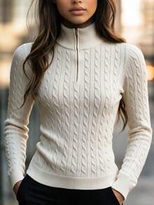 MORI Fall Winter French Chic Off White Half Zip High Neck Cable Knit Slim Sweater Pullover Tops Outerwear Women Work Streetwear Outfits - Off-white - View 10