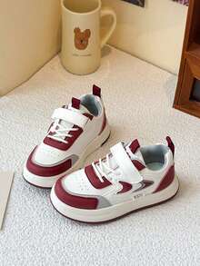 Children's Beige, Burgundy, Grey Colorblock PU Leather Breathable Non-Slip Shock-Absorbing Wide Round Toe Hook And Loop Thick Sole Retro Sneakers, Versatile For Kindergarten And Primary School, Spring And Autumn, Dirt-Resistant And Breathable - Red - View 1