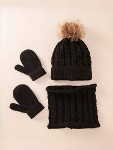 Autumn/Winter Kids Small Braid Pom Pom Hat, Scarf And Gloves 3 Pieces Set, Soft And Warm - 3pcs - View 3