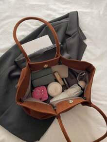 1pc Retro Women's Handbag, Casual, Stylish, Large Capacity, Versatile Underarm Shoulder Bag, New Commuter/Work Tote Bag, Solid Color, Buckle Closure, - Brown - View 10