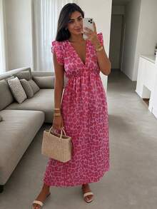 Colorful Leopard Print Loose Casual Romantic Comfortable Backless Tie Strap Dress Vacation Elegant Pink Party Summer - Pink - View 4
