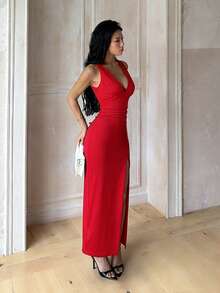 1pc Solid Color Elegant Knitted Fabric Slit Dress Beach Summer - Red - View 3