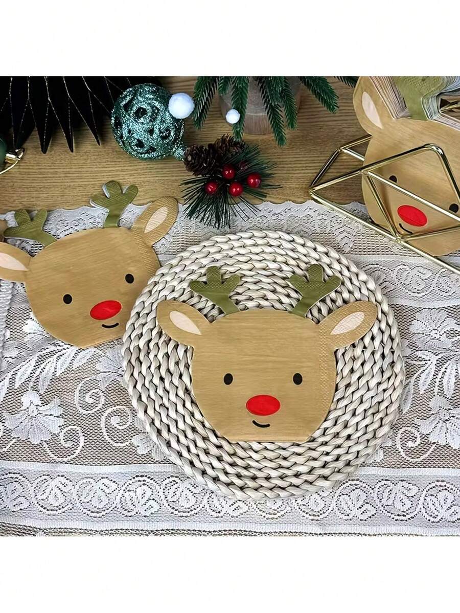 50/20pcs Reindeer Shaped Disposable Paper Napkins, Cute Rudolph Reindeer Face Decorative Napkins, Christmas Holiday Party Table Decor Napkins, Suitable For Christmas Dinner Party, Holiday Decoration Napkins - Multiple Styles - View 1
