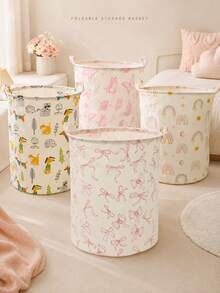 Large Bow Pattern Foldable Round Storage Basket, Multi-Functional Storage Bin, Suitable For Bathroom, Room, Laundry Basket, Dirty Clothes Basket, Room Clutter Large Capacity Storage Bin, Clothing Storage, Clutter Storage, Multi-Functional Storage - Multicolor - View 1
