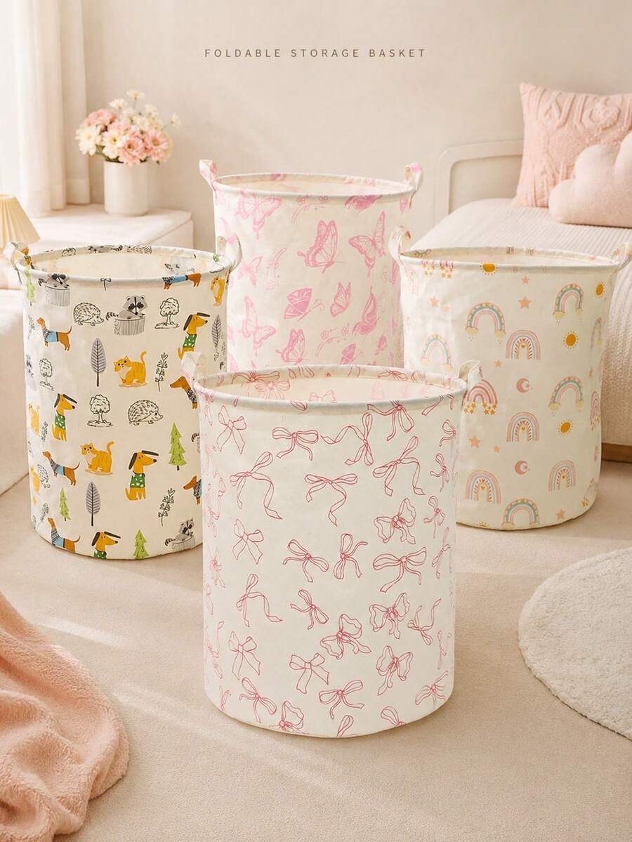 Large Bow Pattern Foldable Round Storage Basket, Multi-Functional Storage Bin, Suitable For Bathroom, Room, Laundry Basket, Dirty Clothes Basket, Room Clutter Large Capacity Storage Bin, Clothing Storage, Clutter Storage, Multi-Functional Storage - Multicolor - View 1