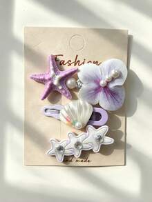 Set 3 buah Jepit Rambut Motif Bintang Laut, Kerang, dan Bunga, Jepit Rambut Samping Motif Bunga Mutiara, Jepit Rambut Poni Manis, Cocok Untuk Wanita - MultiWarna - View 9