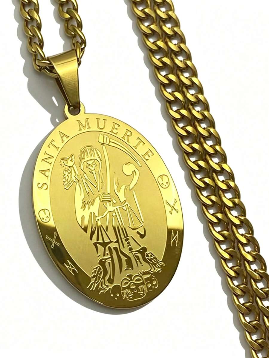 Grim Reaper Oval Pendant Necklace Unisex Stainless Steel Gold Scythe Skull Jewelry - Pendant Necklace - View 1