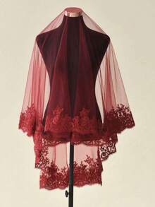 Red Vintage Lace Trim Bridal Veil, No Comb, Retro Style Bridal Headpiece, Suitable For Wedding, Proposal And Other Occasions - Burgundy - View 1
