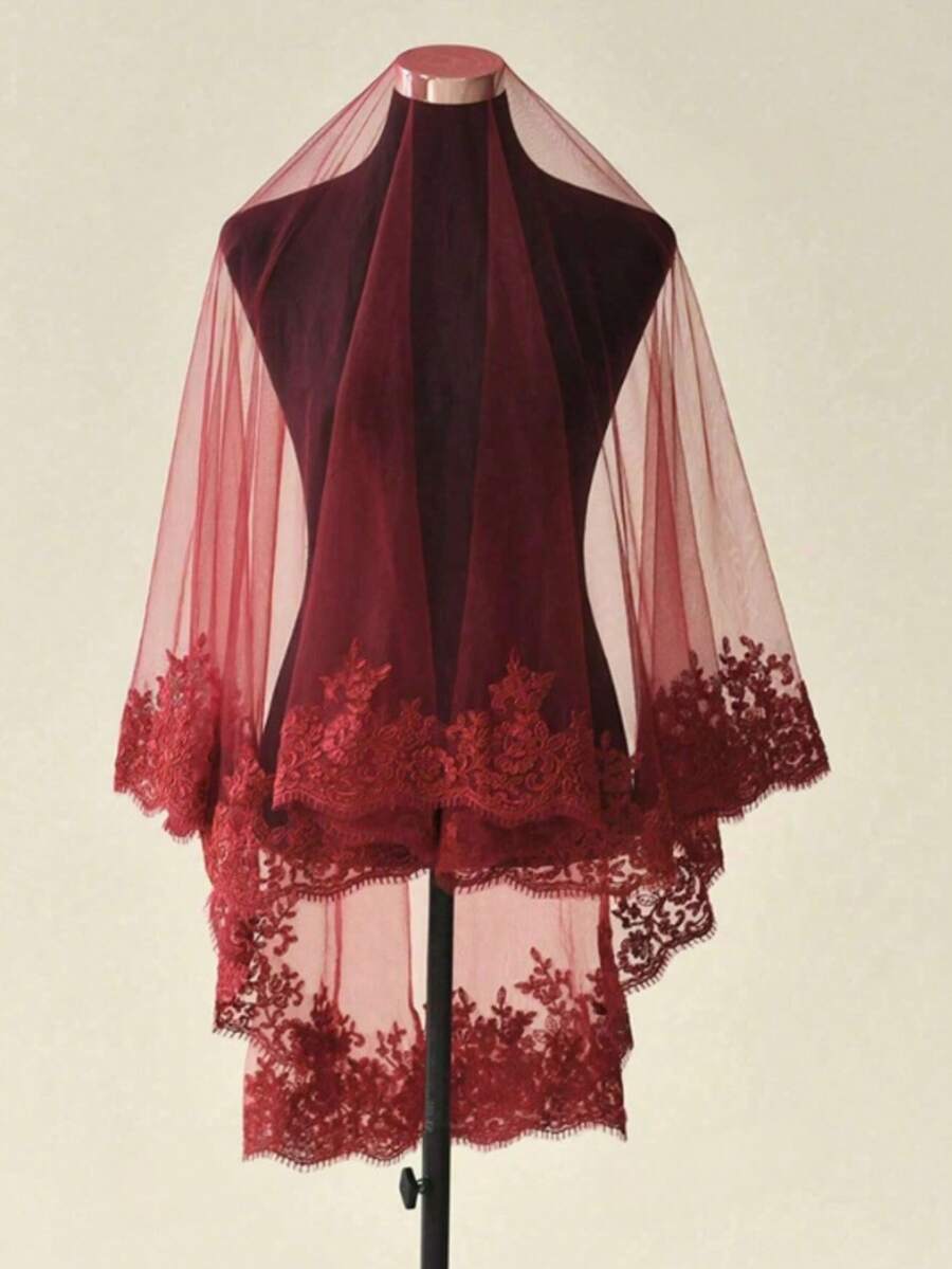 Red Vintage Lace Trim Bridal Veil, No Comb, Retro Style Bridal Headpiece, Suitable For Wedding, Proposal And Other Occasions - Burgundy - View 1
