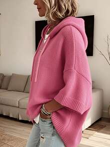 Women's Elegant Casual Cute Hooded Sweatshirt Mid-Sleeve Knit Sweatshirt Warm - Hot Pink - View 5