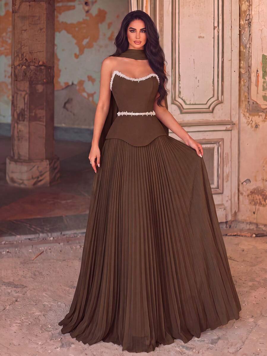 Faeriesty Gaun Wanita Elegan dengan Bahu Terbuka, Korset Berhiaskan Mutiara, dan Hiasan Rumbai di Bagian Bawah Gaun untuk Pesta Pernikahan, Warna Cokelat, Cocok untuk Musim Gugur. - Coklat - View 1