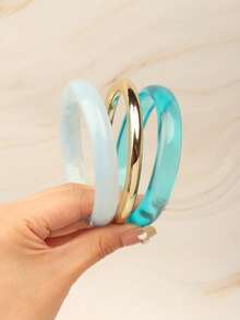 3pcs Elegant Minimalist Round Wave Stackable Bracelet Set, Versatile Fashion Bangle For Women, Suitable For Casual, Vacation And Daily Wear - Blue 1 - View 6