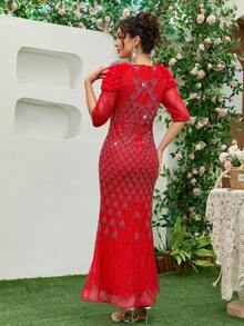 JINLICX Luxury Red 3D Floral Shoulder Rhinestone Mermaid Evening Dress Half Sleeve Mesh Formal Maxi Gown - Red - View 5
