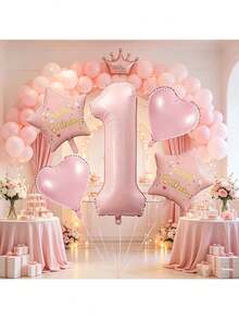 5pcs Pink Birthday Party Balloon Set With Star, Heart, Number 1 Foil Balloons, Suitable For Birthday Party Decoration, Theme Party Setup, 1st Birthday, Anniversary - Pink Star Heart Number 1 - View 3