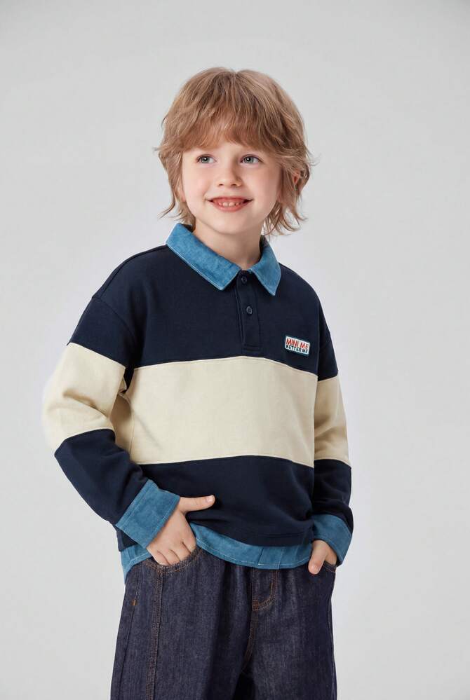 mini bala Boys 2 In 1 Striped Sweatshirt Loose Collared Denim Splicing Top Casual Wear For Autumn - Dark Blue - View 5