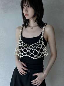 DEKUNER Cute Handmade Beaded Pearl Short Camisole, Hollow Mesh Sheer Layering Vest, Suitable For Daily Wear - White - View 3
