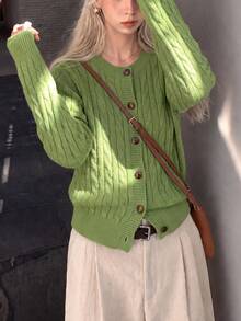 Women's Casual Minimalist Green Cable Knit Cardigan, Button Front, Long Sleeve Round Neck, Short Knit Sweater, Comfortable Winter Choice - Green - View 1
