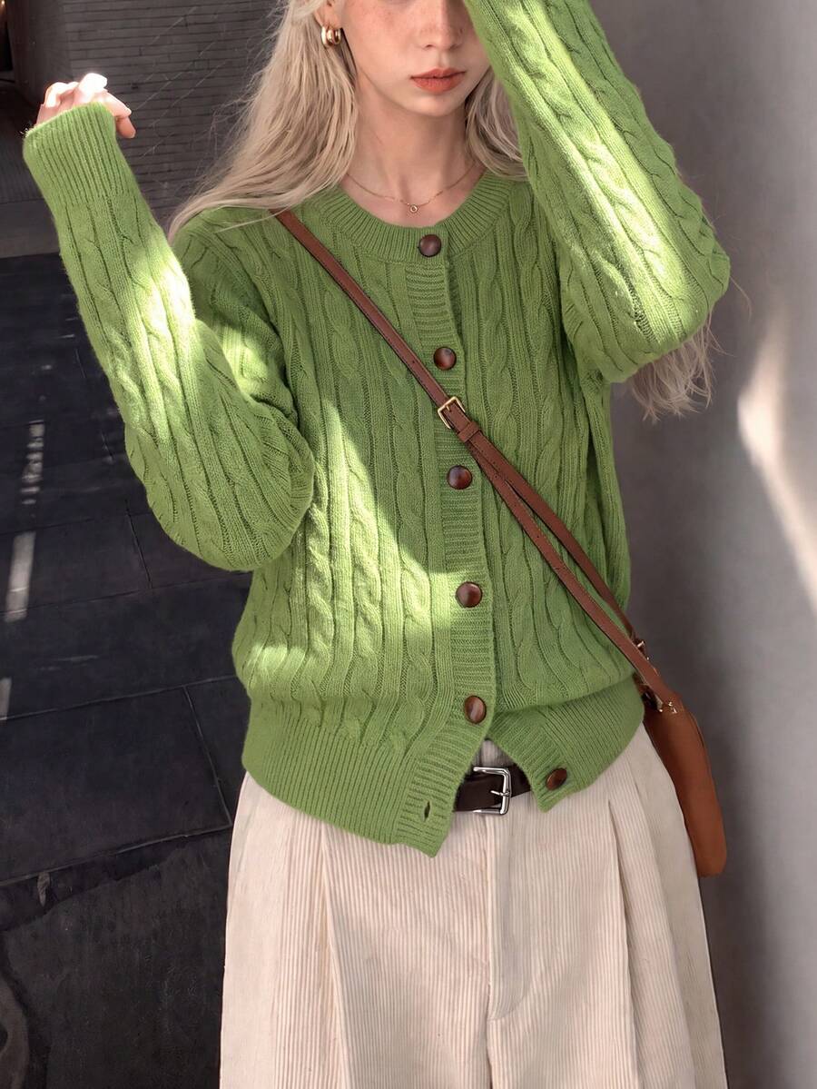 Women's Casual Minimalist Green Cable Knit Cardigan, Button Front, Long Sleeve Round Neck, Short Knit Sweater, Comfortable Winter Choice - Green - View 1