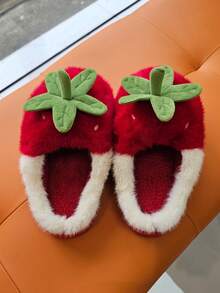 Don't Miss It! Price Rising Soon! Women Warm Non-Slip 3D Strawberry Pattern Closed-Toe House Slippers, Cute Winter Red Fur Plush Indoor Home Slides - Red - View 4