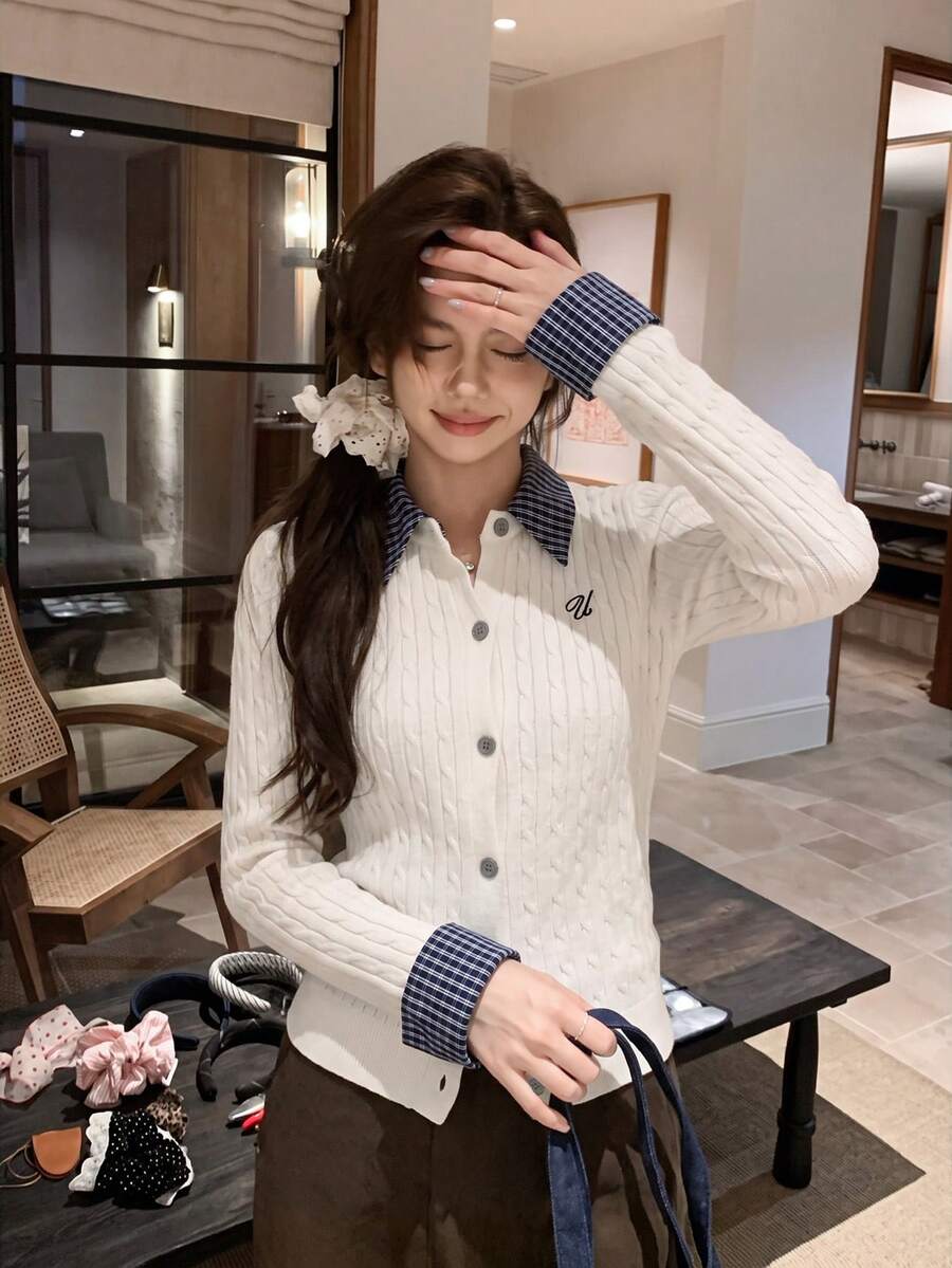 Women's Colorblock Cable Knit Embroidered Polo Collar Cardigan Sweater, New Autumn/Winter College Style Patchwork Plaid Long Sleeve Base Layer Jacket Top - Apricot - View 1