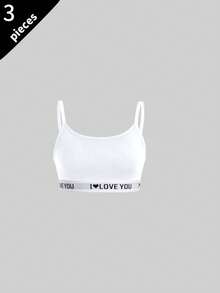 3pcs Tween Girls Camisole Undershirt, Letter Print Wide Bottom Spaghetti Strap Bra, Black Grey White 3 Colors, Skin-Friendly Seamless Breathable Anti-Slip Tank Top - Multicolor - View 5