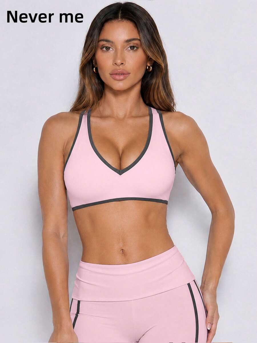 Never me Women's Colorblock Trim V-Neck Sports Bra For Yoga, Pilates, Outdoor Jogging, Daily Commute - Pink - View 1