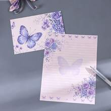 8 Pcs/Set (4 Envelopes + 4 Letter Papers) Purple Butterfly Rose Envelope Letter Paper Set, Aesthetic Floral Writing Stationery Scrapbook Paper, Decorative Invitation Kit For Birthday Wedding Holiday Party Supplies - Purple Butterfly - View 4