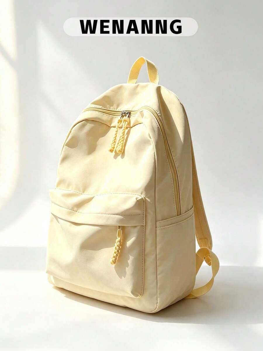 1pc College Style Solid Color Casual Backpack, Multi-Pocket Lightweight School Day Bag With Adjustable Shoulder Straps, Suitable For Students/Girls/Teens/Young Adults, Perfect For Back To School, Campus Learning, Outdoor Camping, Short Weekend Trips And Daily Casual Outdoor Use - Yellow - View 1