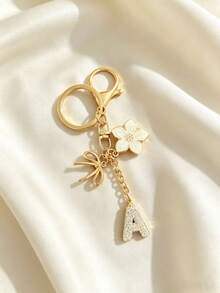 1pc Bowknot Flower Letter Keychain, Rhinestone Studded English Letter Pendant, Sweet Style Metal Bowknot White Flower Rhinestone Letter Keychain, Personalized DIY Letter Bag Charm, Car Key Chain For Girls - Flower Letters - View 17