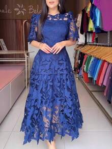 Vestido largo ajustado en cintura de encaje calado con cuello redondo para mujer - Azul - Ver 2