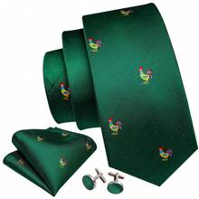 5Pcs Men Green Rooster Pattern Tie Pocket Square Cufflinks Ring Tie Clip Set, Random Cufflink Pattern, Accessories For Wedding - Green - View 3