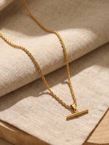 1pc Vintage Gold T-Bar Pendant Necklace Chain, Cuban Link Geometric Cylinder Pendant Necklace, Layering Jewelry Accessory - Gold - View 10