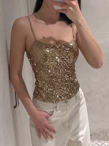 Unadoll Women's Autumn Sequin Spaghetti Strap Crop Top, Slim Fit Shiny Spaghetti Strap Tank Top, Suitable For Party, Date Night And Going Out - Champagne - View 7