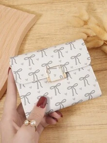 Fashionable Women's Bow Printed Short Credit Card Storage Bag, Simple And Casual Multifunctional Card Holder, Three Fold Buckle Women's Wallet - Light Grey - View 7