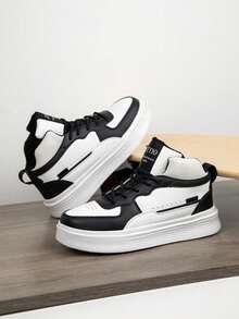 1 Pair Breathable All-Season Sports Shoes Lace-Up Design Lightweight Comfortable Running Shoes For Teenagers Fashionable Versatile Colorblock Patchwork Unisex Sneakers - Black and White - View 6