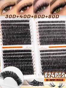 MEM 624 Clusters Of Natural D-Curl False Eyelashes Featuring A Mix Of Lengths (30D, 40D, 60D, And 80D) And Ranging From 10mm To 16mm; Versatile And Suitable For Various Makeup Styles, These Are An Ideal Beauty Tool That Is Easy For Beginners To Use. - Black - View 3