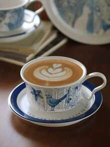 1 Set Chinese Blue And White Ceramic Coffee Cup And Saucer, Premium Ceramic Dinnerware, Breakfast Cup, Dessert Plate, Pasta Plate, Suitable For Home, Restaurant, Cafe, Gift, Party, Office - Blue - View 10