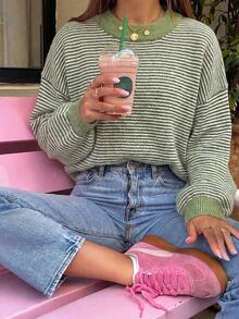 Women's Autumn/Winter Vintage Green & White Striped Round Neck Knit Sweater, Soft Fluffy Fabric, Contrast Ribbed Collar & Cuffs, Loose Drop Shoulder Fit, Lazy Vibe, Versatile For Daily Commute, Gentle & Flattering - Green - View 2