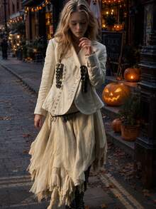Women's Beige Woven Vintage Jacket, Lapel Collar, Long Sleeve, Gold Button Decor, Gender-Neutral Streetwear Outerwear For Autumn, Back To School Teacher's Day Regular Length Flight Jacket Style, Halloween And Christmas Jacket, Ribbed Fabric Non-Stretch - Champagne - View 2