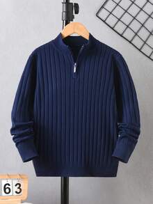 Boys' Minimalist Casual Stand Collar Half-Zip Long Sleeve Sweater Knit Pullover With Vertical Ribbed Ribbed Texture, Business Casual Versatile Top For Daily Wear, School, Spring, Autumn, Winter - Navy Blue - View 2