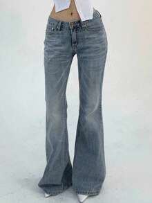 Low Rise Flared Jeans For Women, Classic 5 Pocket Metal Button Fly Casual Denim Trousers, Summer Streetwear Slim Hip Wide Hem Long Denim Pants - Washed Color - View 5