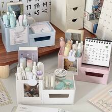 [Back To School]Cute Rabbit Desktop Storage Box With Drawer And Photo Frame, Multi-Functional Stationery, Cosmetics And Small Items Organizer, Macaron Color Office Dormitory Desktop Storage Rack - Compartment Pen Holder - View 1