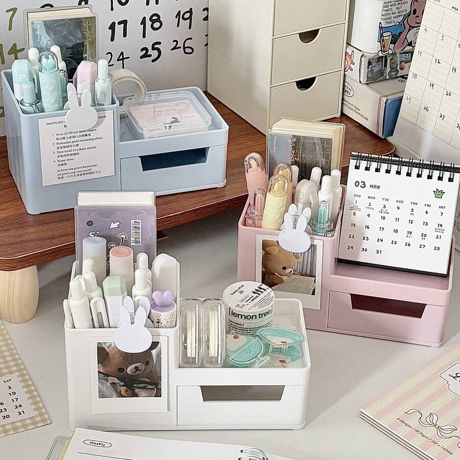 [Back To School]Cute Rabbit Desktop Storage Box With Drawer And Photo Frame, Multi-Functional Stationery, Cosmetics And Small Items Organizer, Macaron Color Office Dormitory Desktop Storage Rack - Compartment Pen Holder - View 1