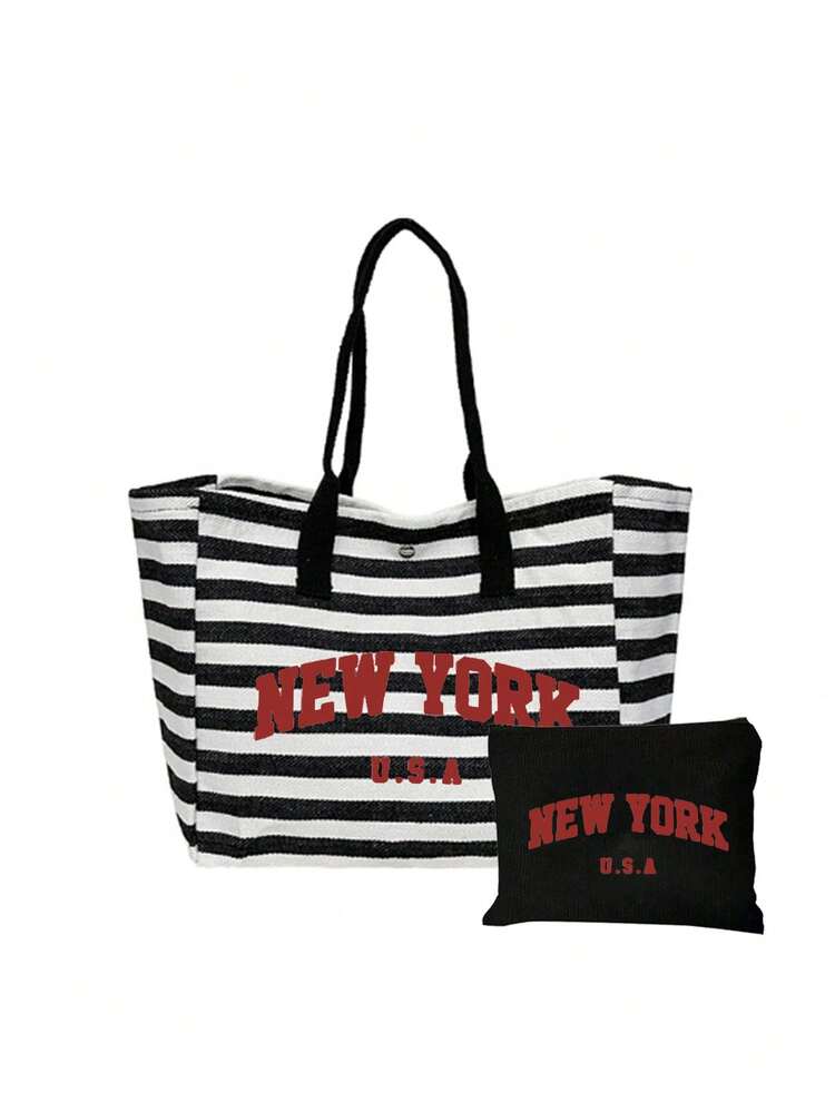 Vintage Black & White Striped NEW YORK Print Tote Bag Set, Large Capacity Main Bag With Matching Small Cosmetic Pouch, Contrast Red Letter American Retro Style. Durable And Wear-Resistant Fabric, Hand-Carried Design, Suitable For Books, Laptop, Beach Supplies, Commuting, School, Travel. Ideal For Students, Teachers, Office Women, Travel Enthusiasts. Perfect Gift For Back To School, Teacher's Day, Birthday, Vacation, Practical Teacher Gift, Daily Shopping, Beach Outings, Short Trips - Multicolor - View 15
