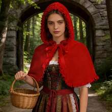 Little Red Riding Hood Cape Women,Short Hood Cape,Halloween Christmas Cloak Costume - Red - View 2