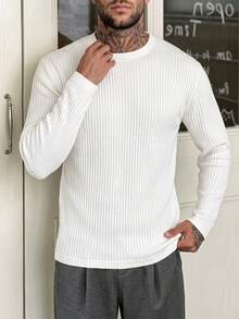 Men Autumn Winter Minimalist Ribbed Knit Top, Long Sleeve Crew Neck Slim Fit Pullover, For Daily Casual Wear - Beige - View 9