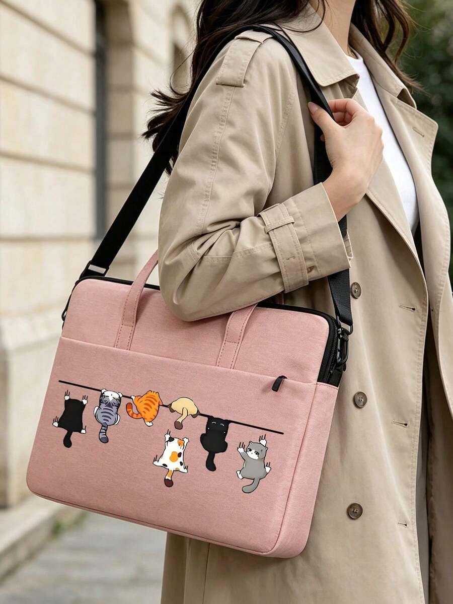 Spacious And Lightweight Laptop Bag With Cat Print Design, Detachable And Adjustable Shoulder Strap, Laptop Stand, Fits In Suitcase, Laptop Protective Case, Briefcase, Document Organizer, Portable Commuter Bag, Shoulder Bag, Suitable For Laptops And Tablets, Ideal For Daily Use, Travel, Commuting, Perfect Professional Gift For Holidays, Suitable For Home And Office, Back To School Gift, Teacher's Day, Travel, Vacation Gift - Multicolor - View 1