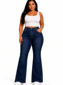 Calça jeans plus size feminina flare cintura alta com elastano premium - Lavagem escura - Visão 1